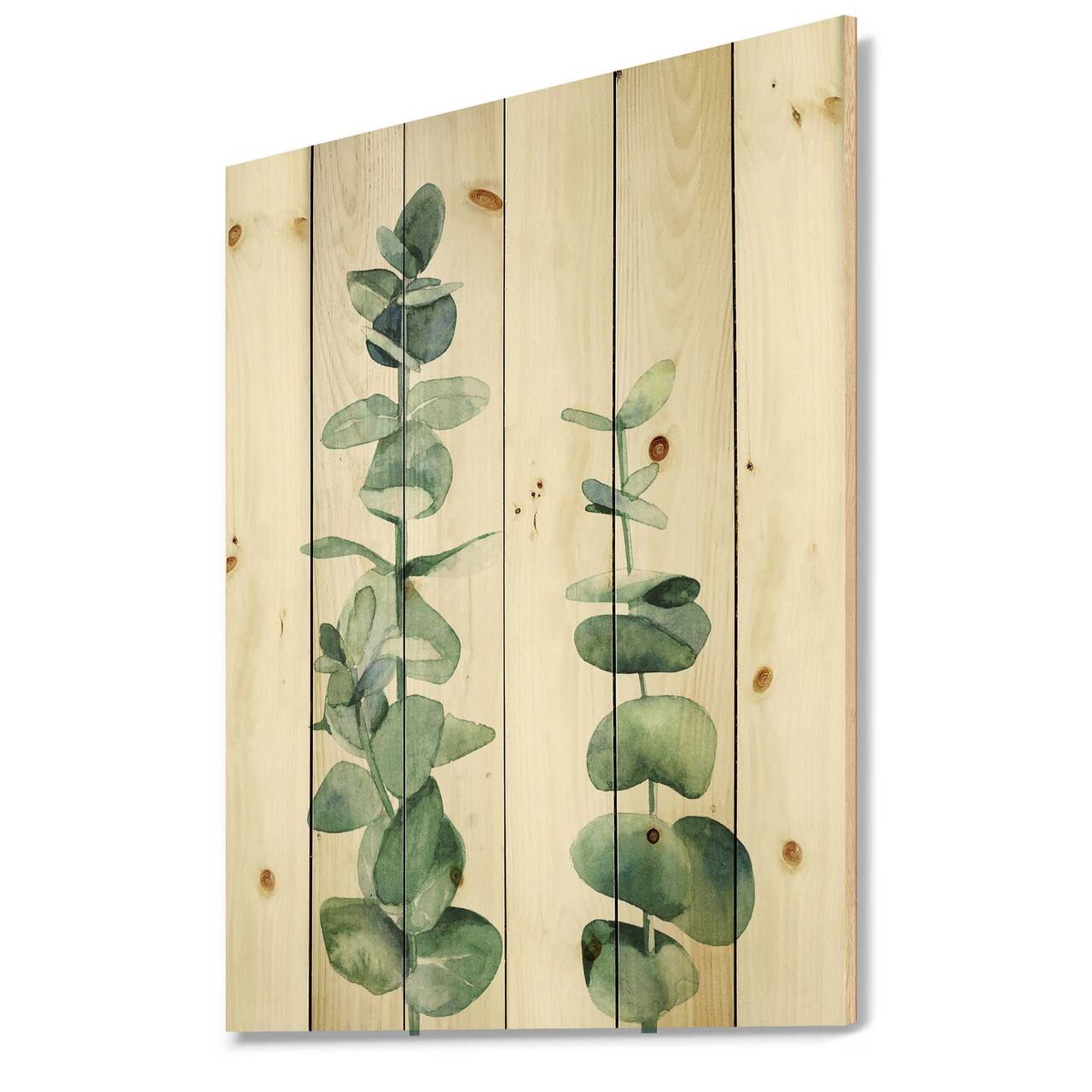 Designart - Silver Blue Eucalyptus Branch - Tropical Print on Natural Pine Wood